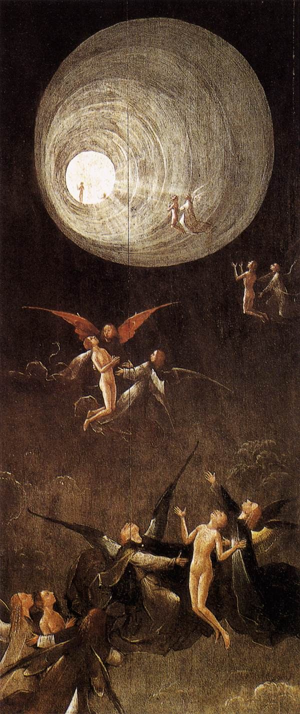 Renaissance panel: souls carried by angels towards a tunnel of light.