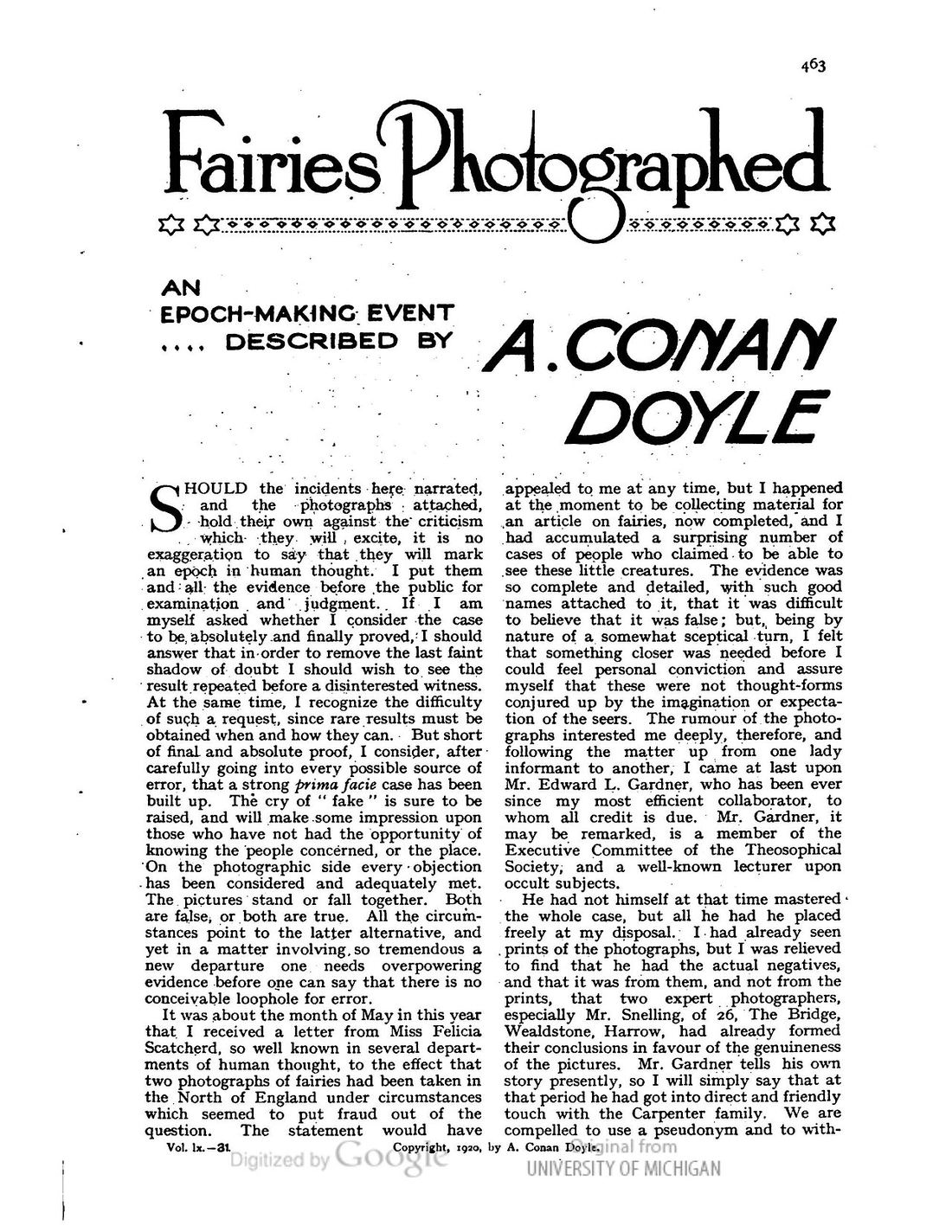 1920 magazine page reproducing the photograph of a girl facing cut-out fairy figures.