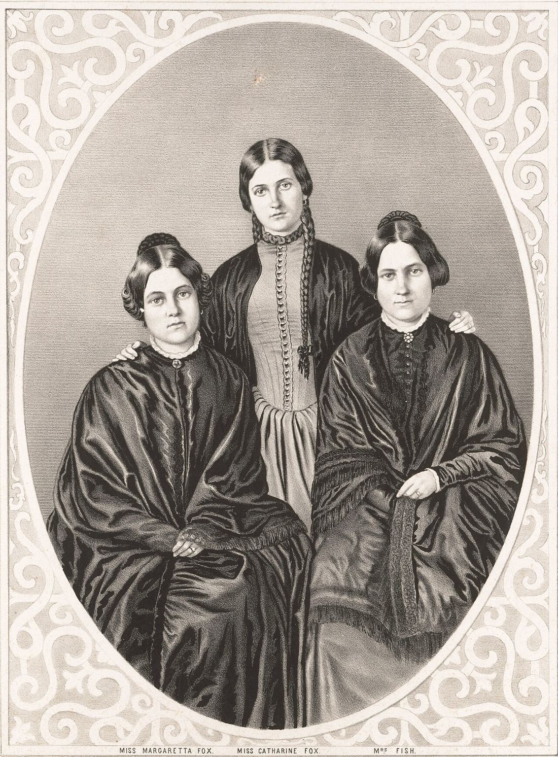 19th-century lithograph showing the three Fox sisters side by side.