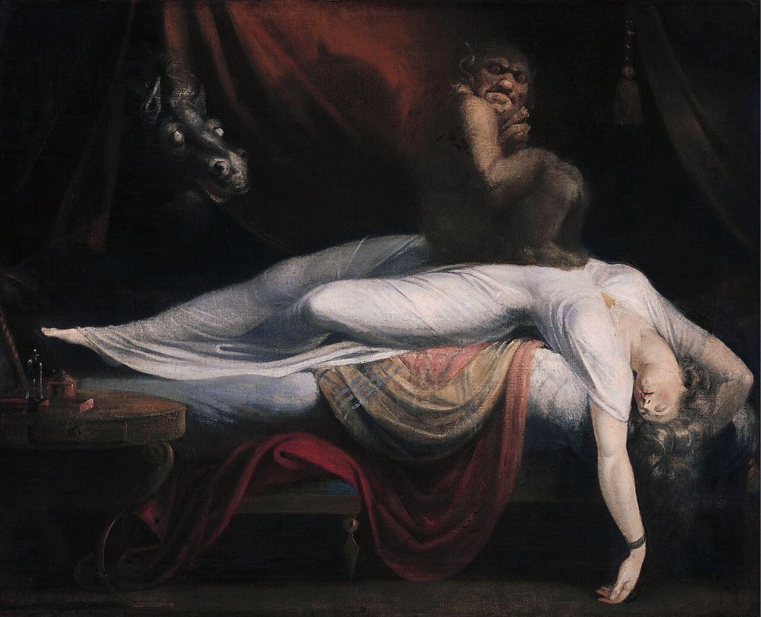 1781 painting: a woman asleep on her back, a squatting creature on her chest and a horse's head emerging from the curtain.